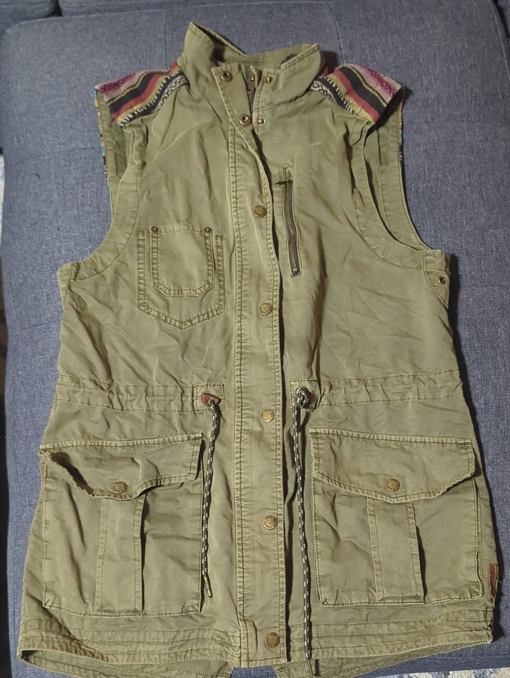 Roots Olive Green Utility Vest with Striped Shoulder Accents